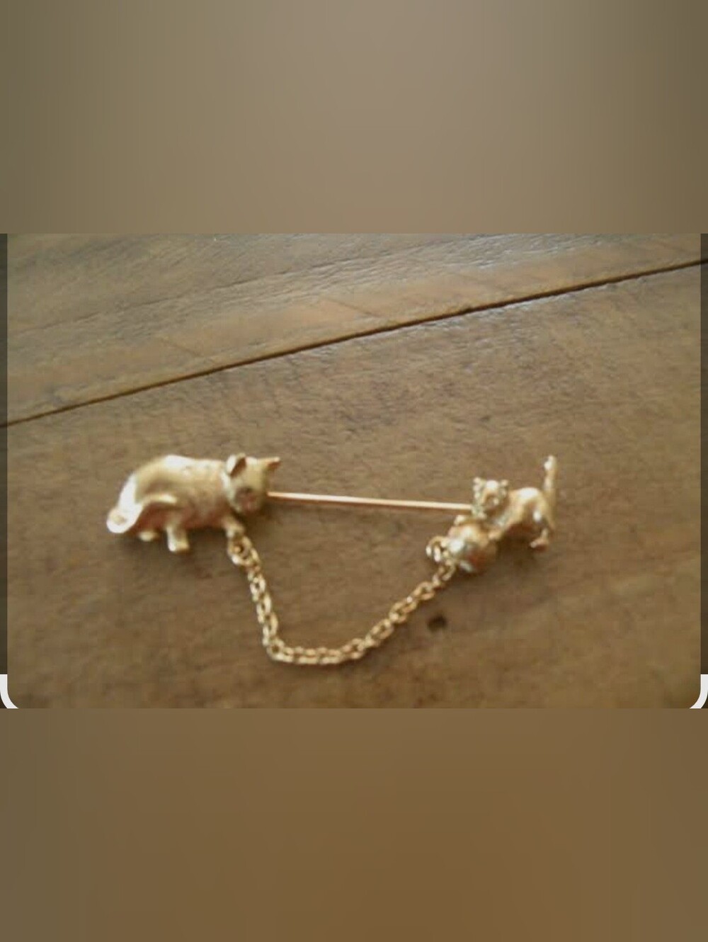 Gold Cat Motif Safety Pin Brooch with Chain